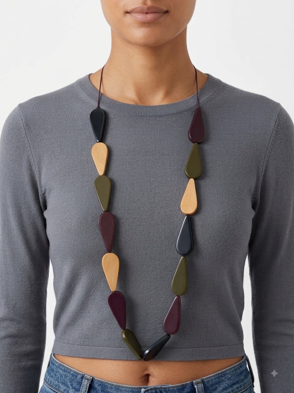 Long Teardrop Multicolor Women’s Necklace - Olive, Burgundy, Black, Tan - Picture 1 of 13